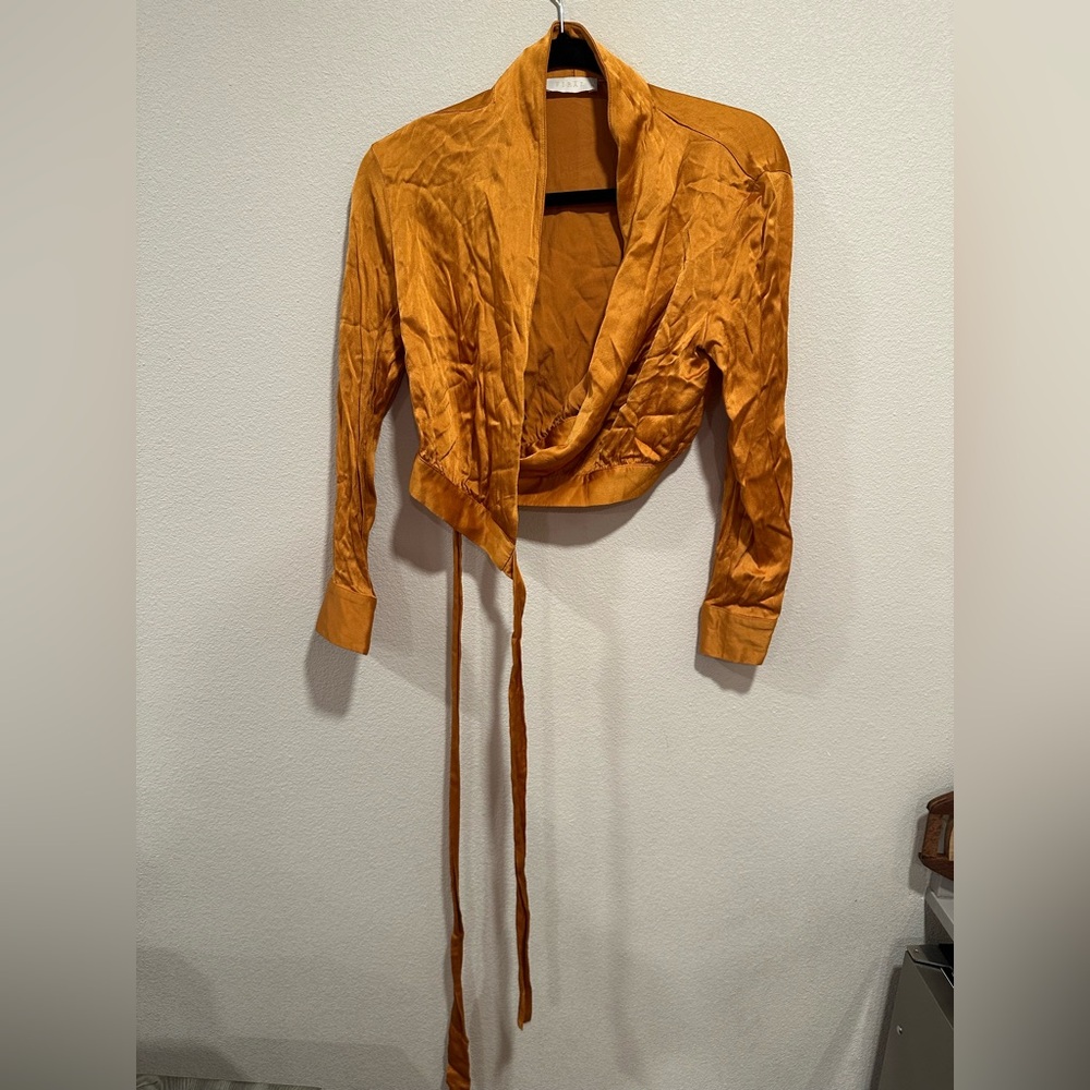 Golden Satin Long Sleeve Wrap Crop - Picture 2 of 10